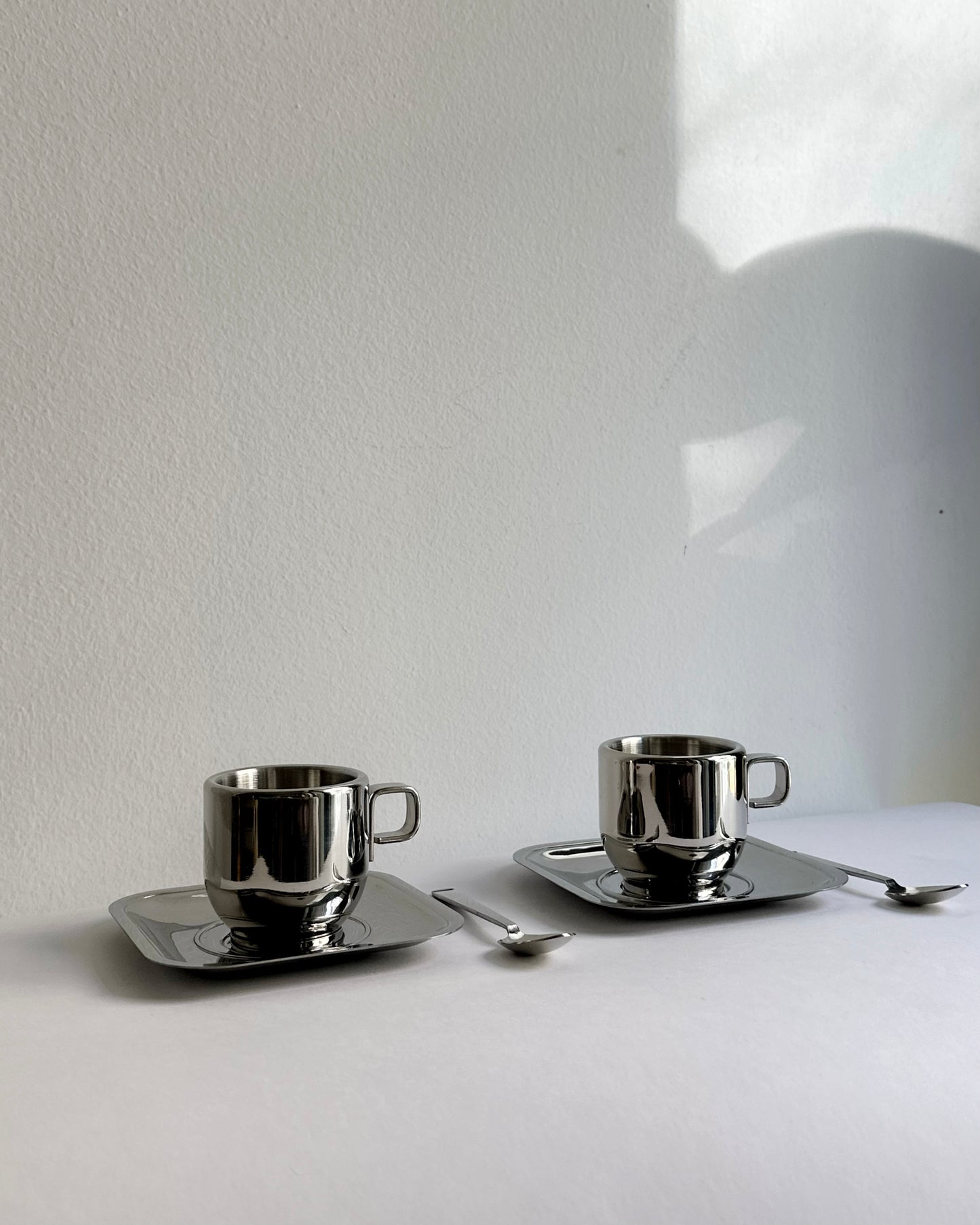 Vintage Stainless Steel 18/10 Thermal Espresso Cups with Saucers & Spoons – Set of 2, 4