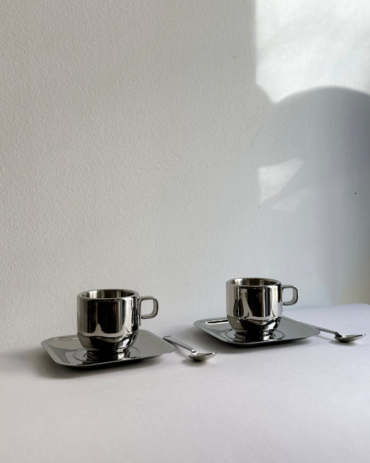 Vintage Stainless Steel 18/10 Thermal Espresso Cups with Saucers & Spoons – Set of 2, 4