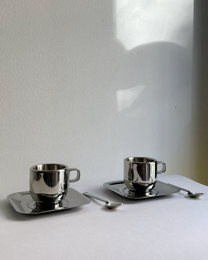 Vintage Stainless Steel 18/10 Thermal Espresso Cups with Saucers & Spoons – Set of 2, 4