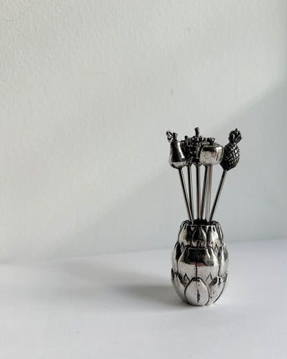 Vintage 1960s Silver Plated Cocktail Picks Set with Holder