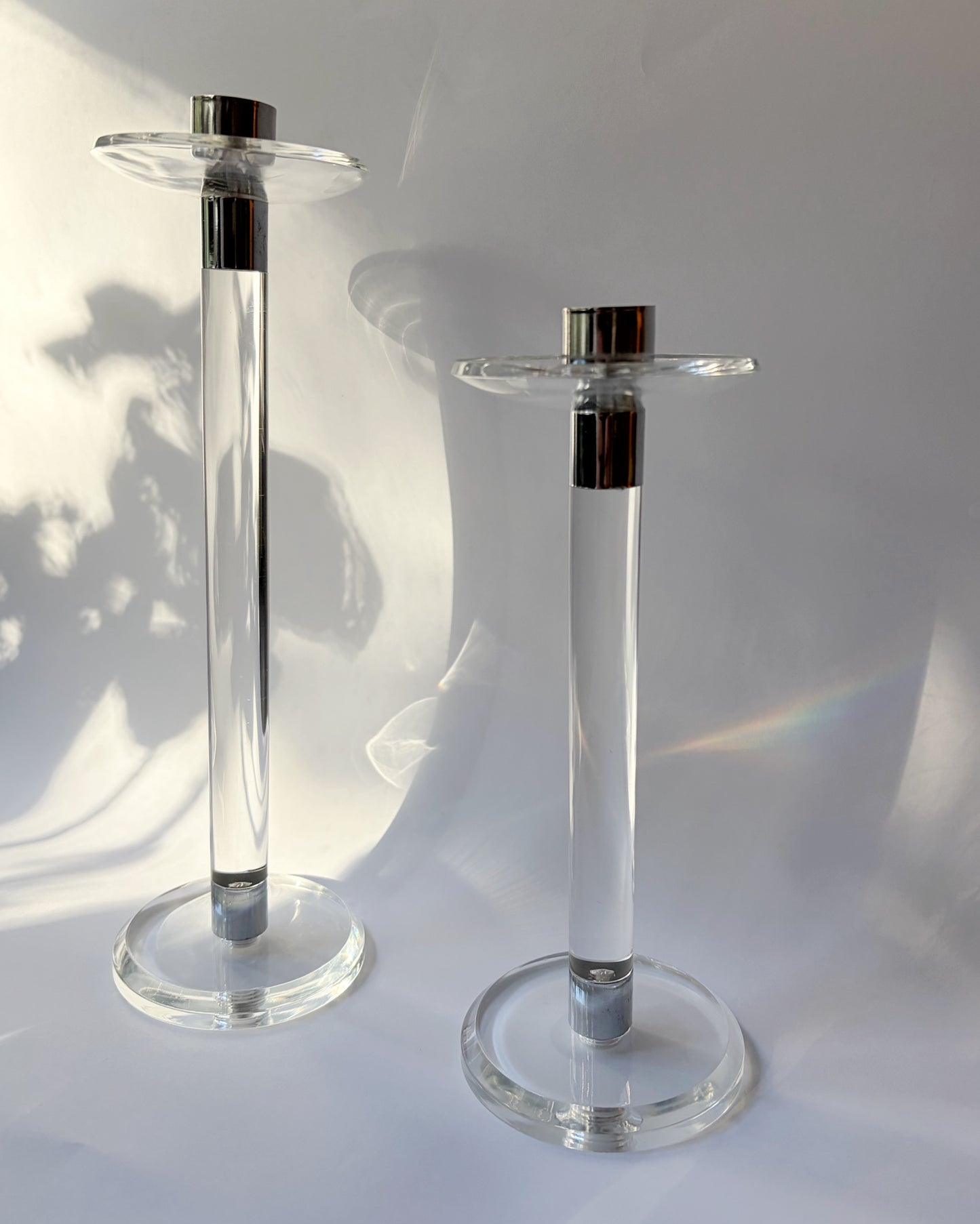 Vintage 1970s Lucite and Chrome Candlesticks