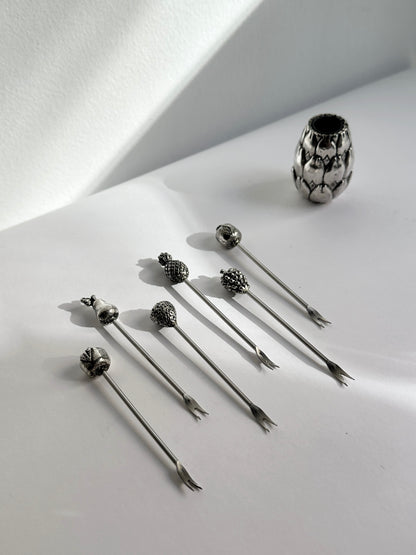 Vintage 1960s Silver Plated Cocktail Picks Set with Holder