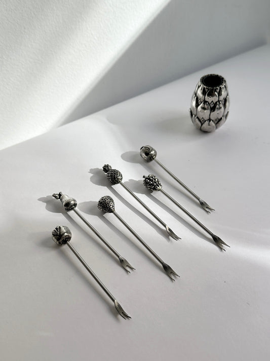 Vintage 1960s Silver Plated Cocktail Picks Set with Holder