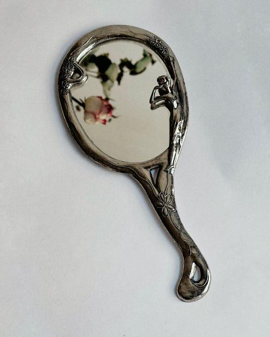Vintage Mid Century Art Nouveau Style Silver Plated Hand Mirror