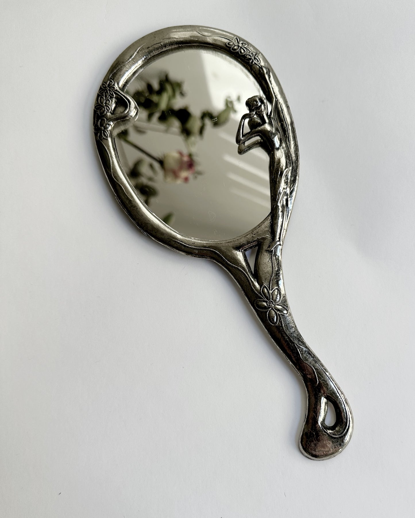 Vintage Mid Century Art Nouveau Style Silver Plated Hand Mirror