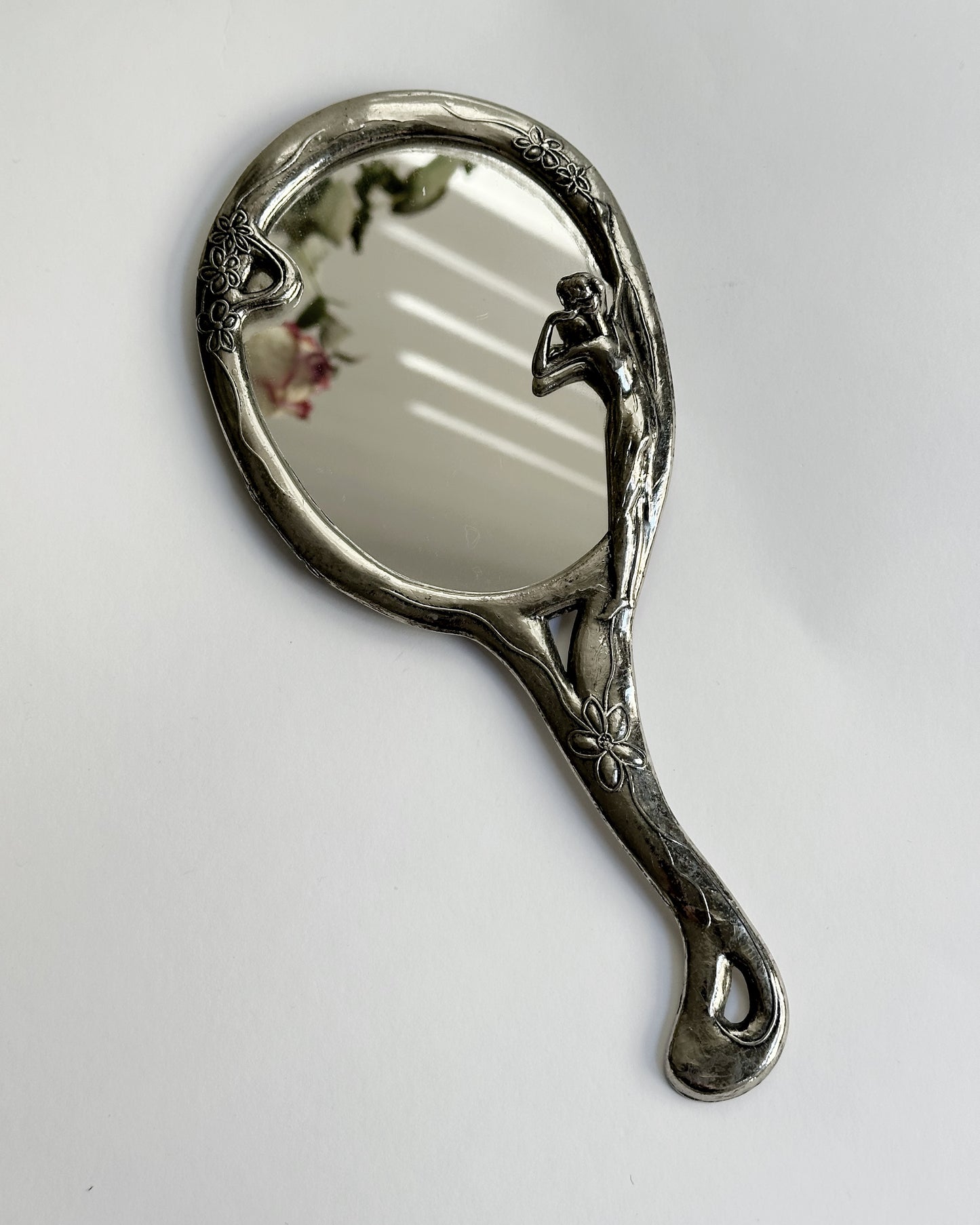Vintage Mid Century Art Nouveau Style Silver Plated Hand Mirror