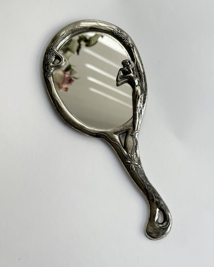 Vintage Mid Century Art Nouveau Style Silver Plated Hand Mirror