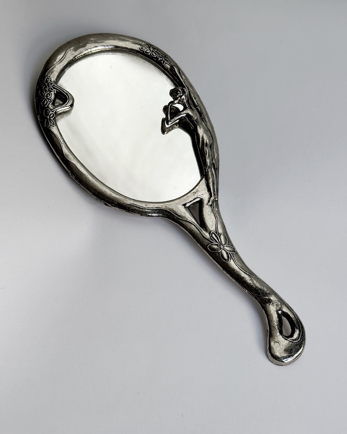 Vintage Mid Century Art Nouveau Style Silver Plated Hand Mirror