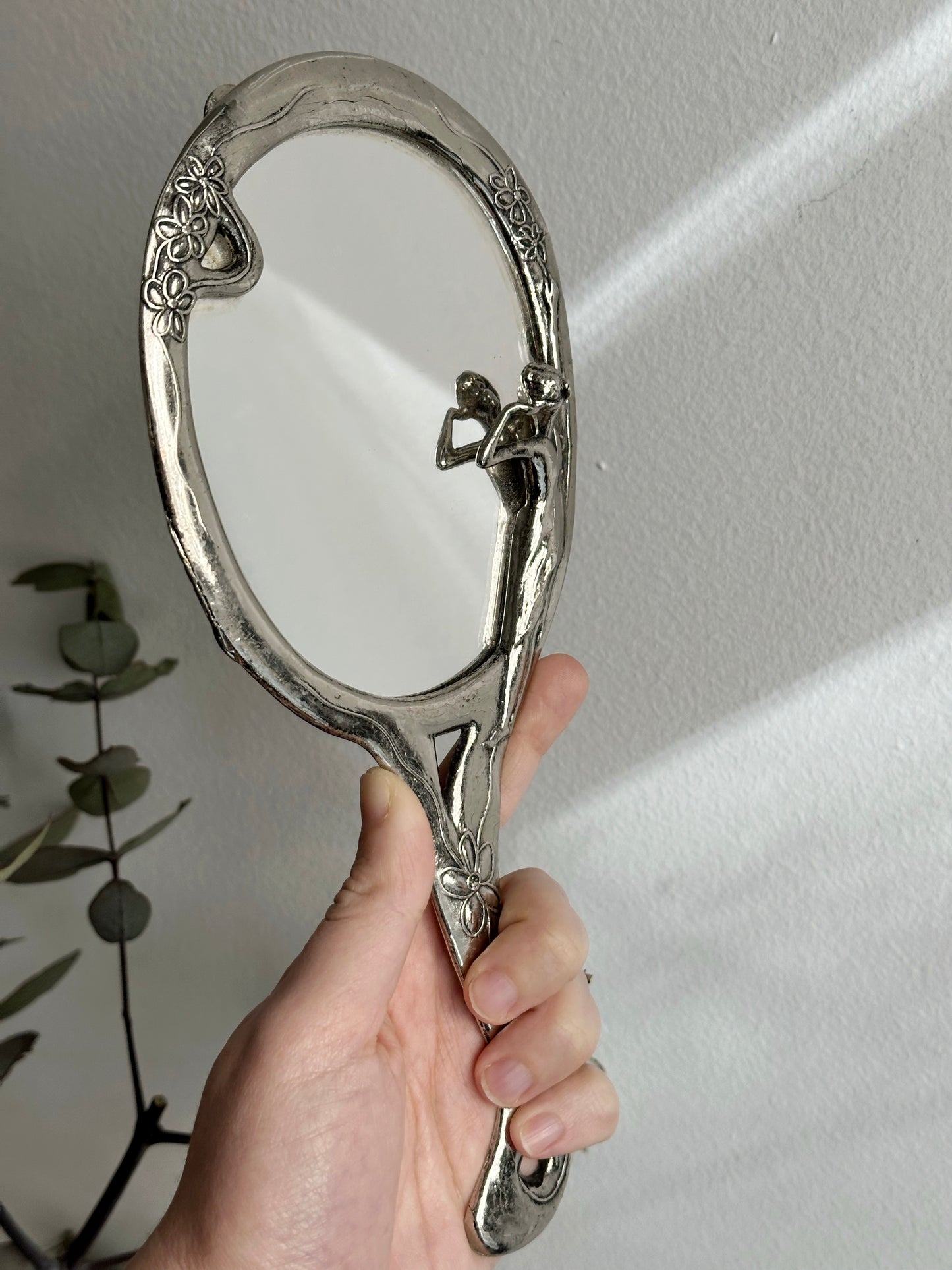 Vintage Mid Century Art Nouveau Style Silver Plated Hand Mirror