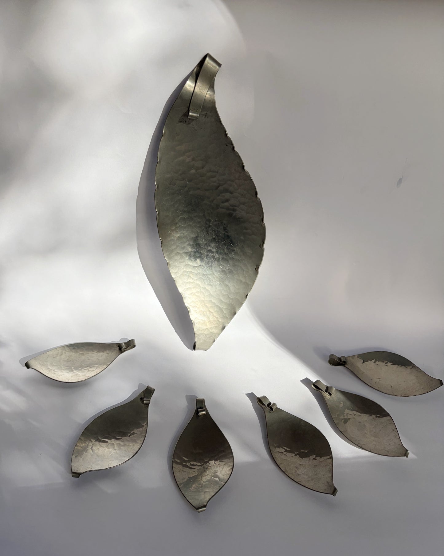 Vintage 1960s Hammered Pewter Leaf Serving Tray Set