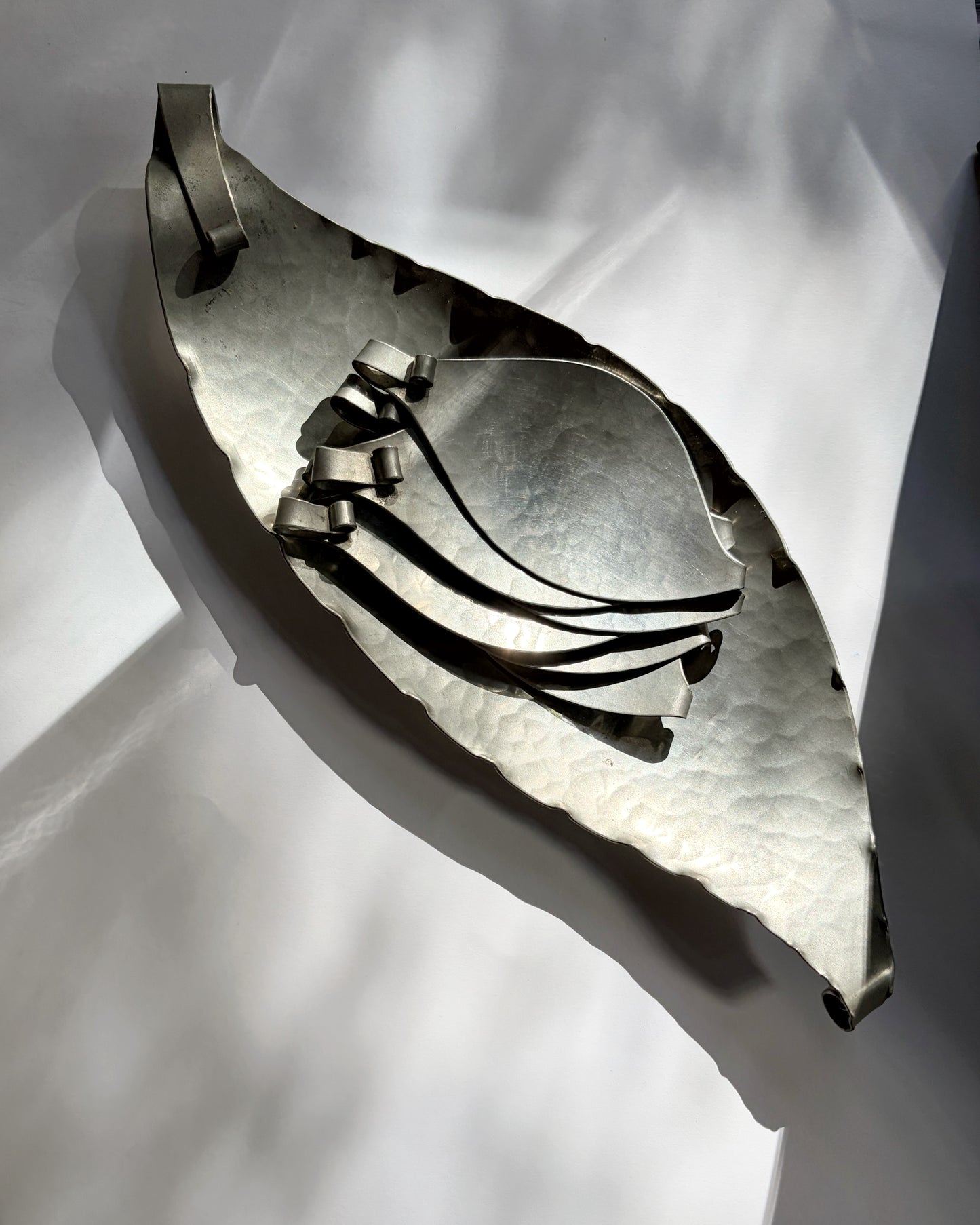 Vintage 1960s Hammered Pewter Leaf Serving Tray Set