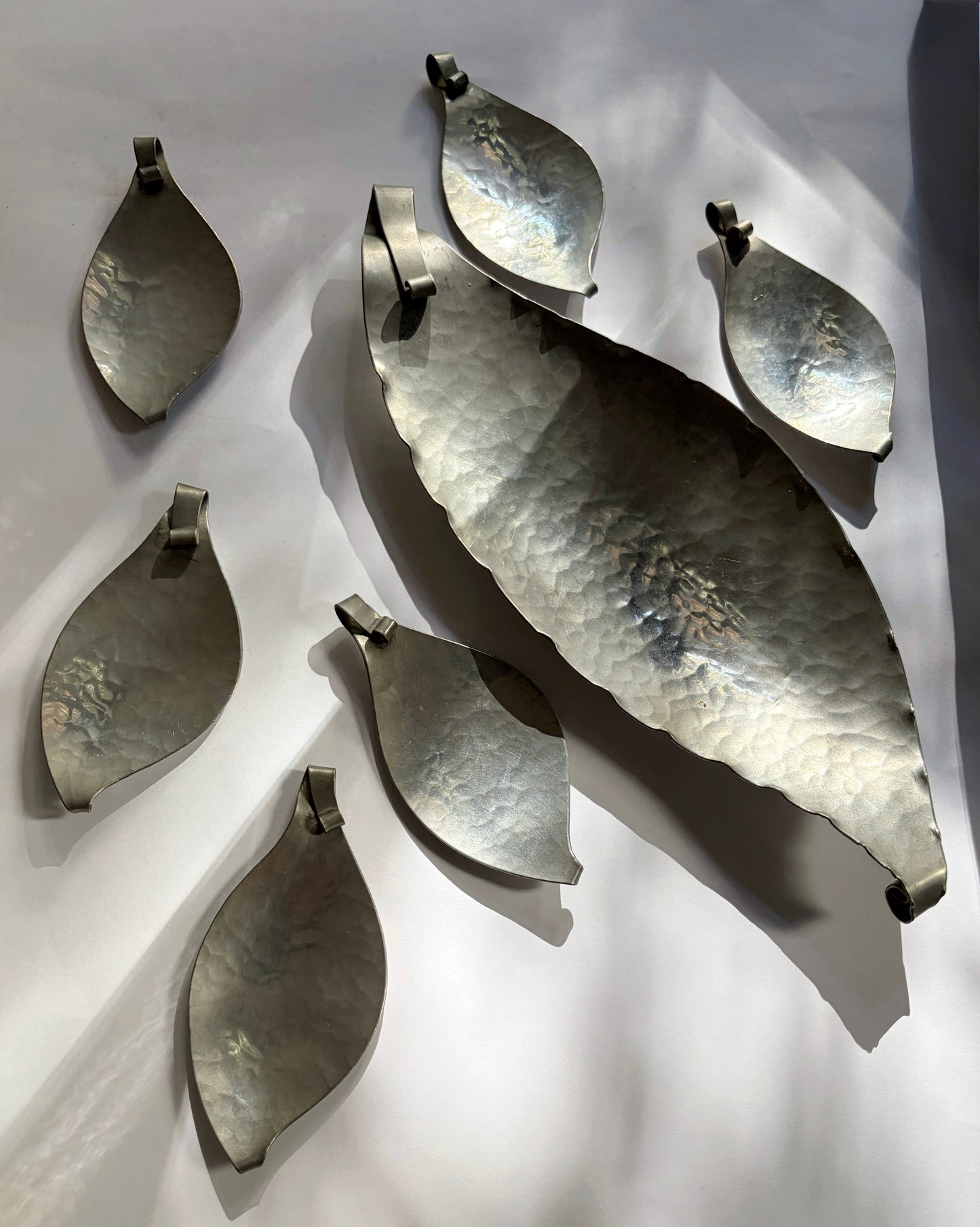 Vintage 1960s Hammered Pewter Leaf Serving Tray Set