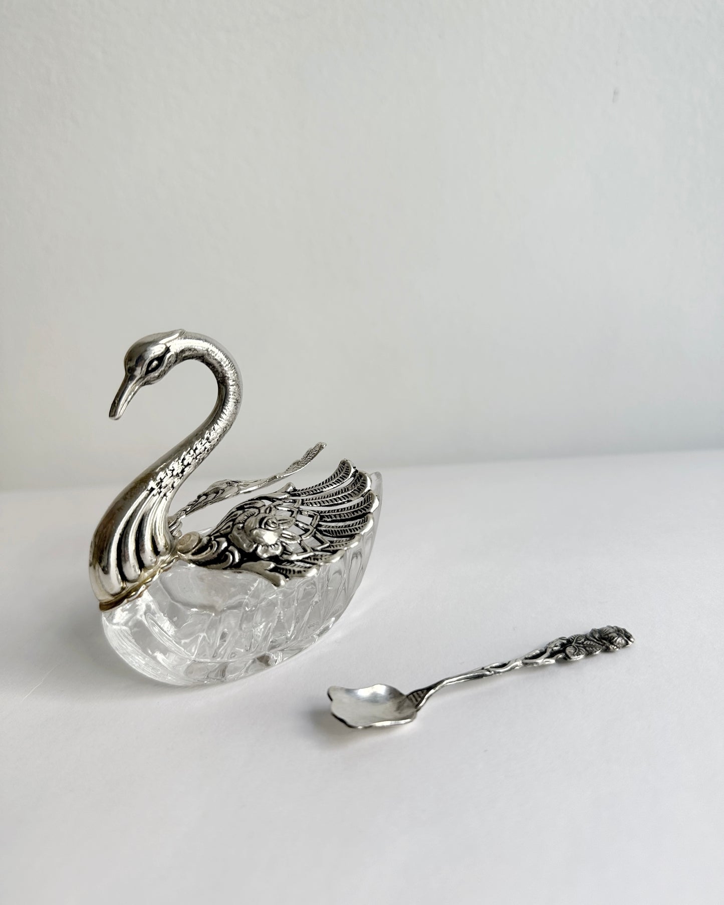 Vintage 1960s Silver Plated Swan Salt Cellar with Spoon
