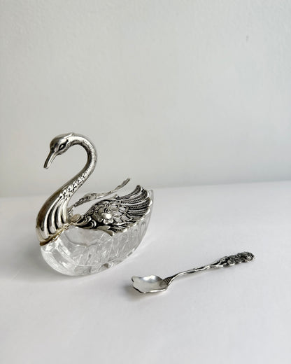 Vintage 1960s Silver Plated Swan Salt Cellar with Spoon