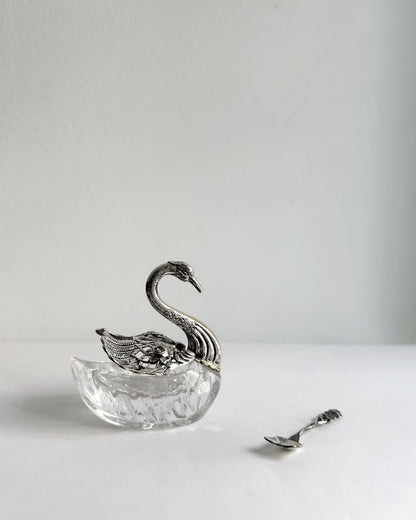 Vintage 1960s Silver Plated Swan Salt Cellar with Spoon