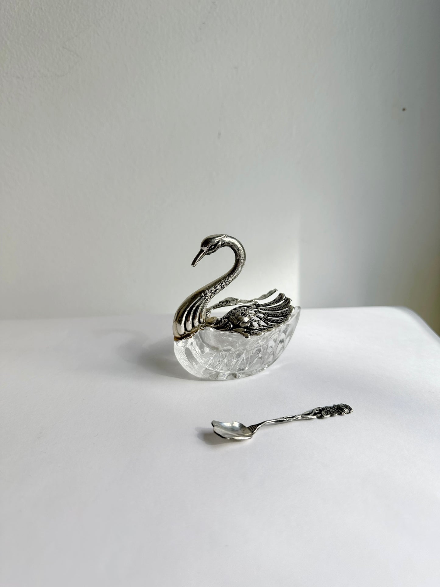 Vintage 1960s Silver Plated Swan Salt Cellar with Spoon