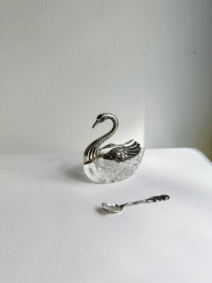 Vintage 1960s Silver Plated Swan Salt Cellar with Spoon
