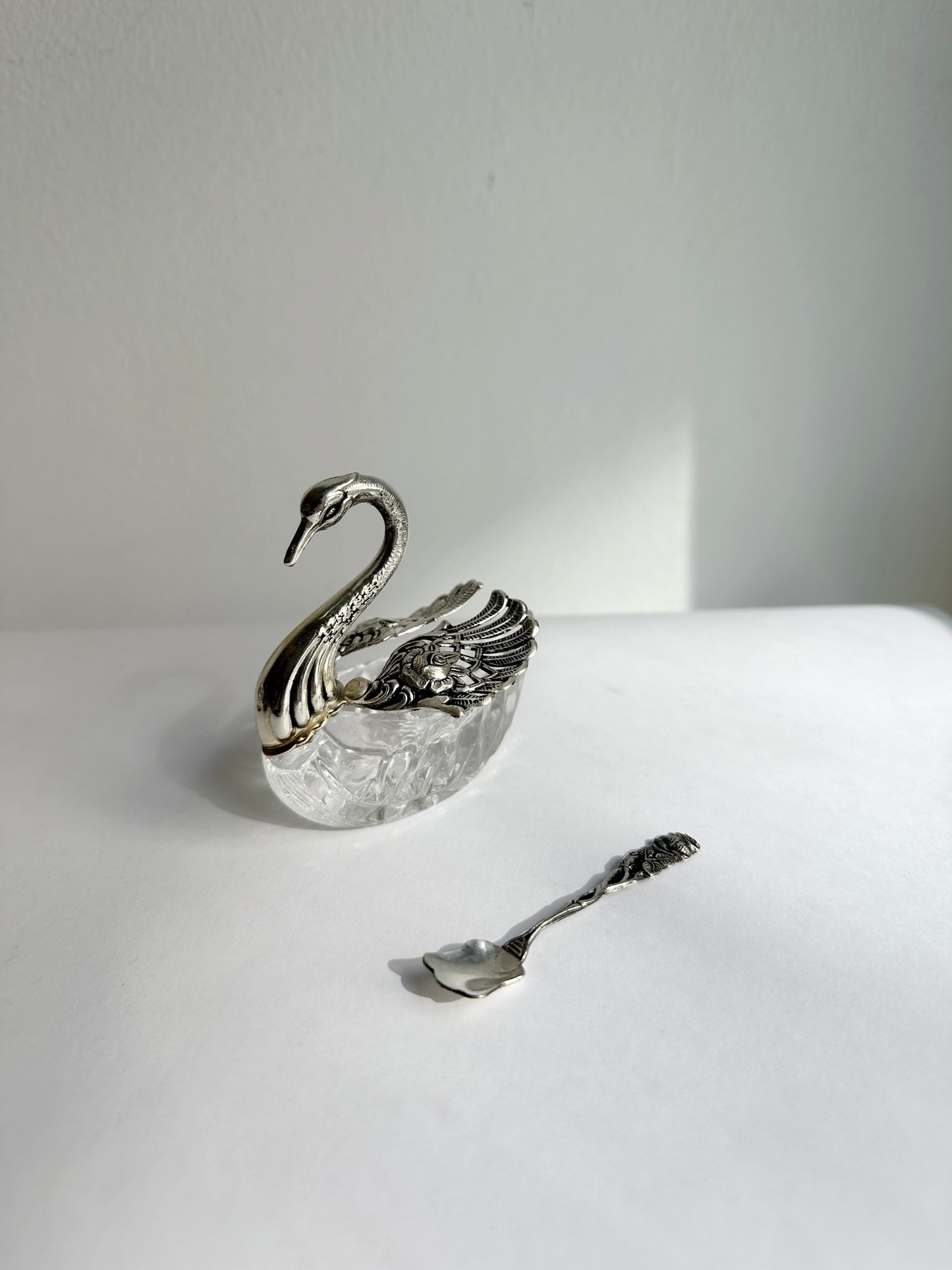 Vintage 1960s Silver Plated Swan Salt Cellar with Spoon