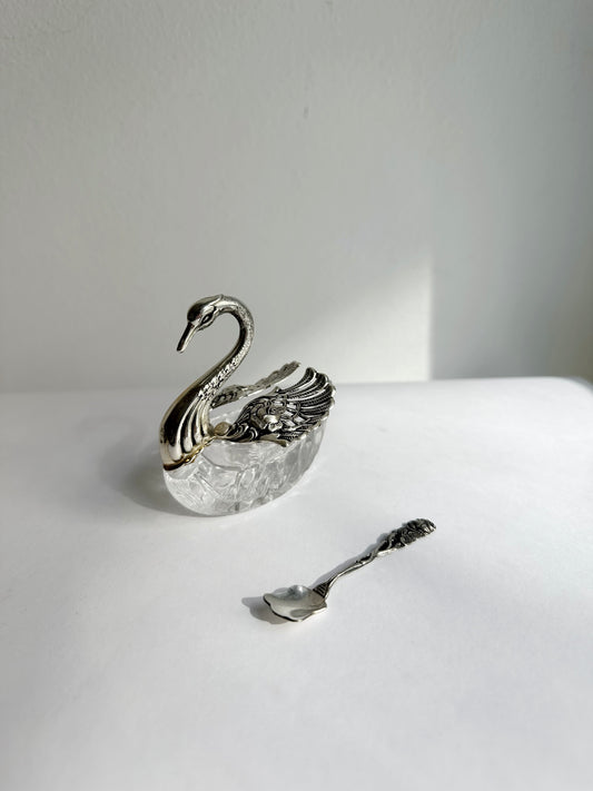 Vintage 1960s Silver Plated Swan Salt Cellar with Spoon