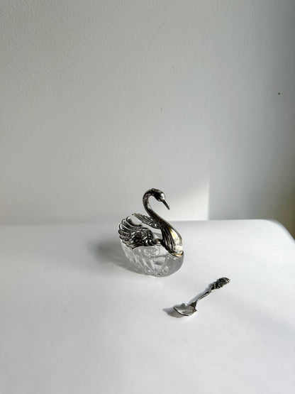 Vintage 1960s Silver Plated Swan Salt Cellar with Spoon