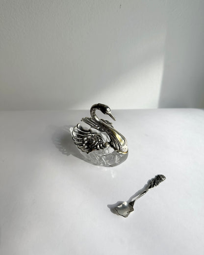 Vintage 1960s Silver Plated Swan Salt Cellar with Spoon