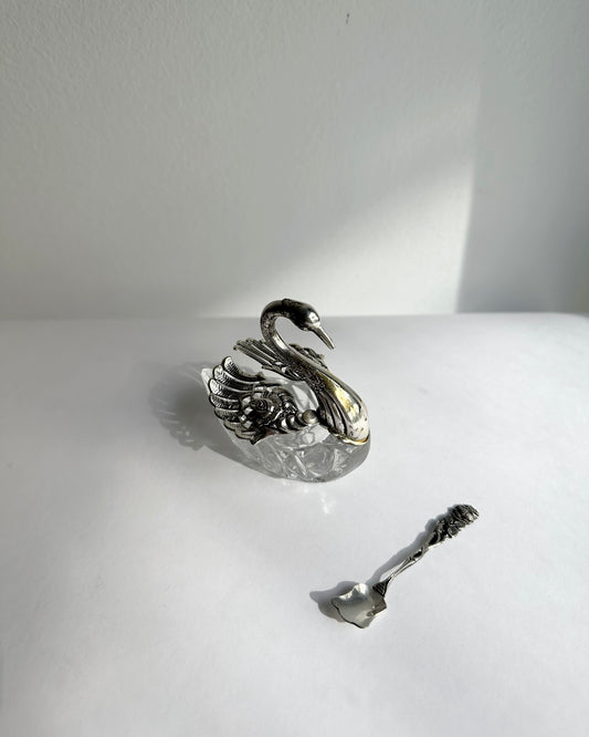 Vintage 1960s Silver Plated Swan Salt Cellar with Spoon