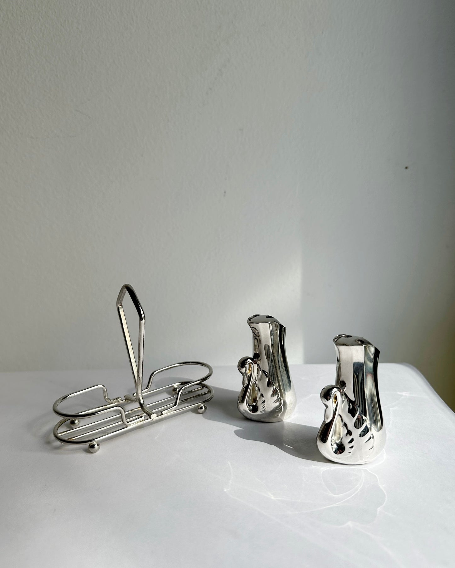 Vintage 1970s Silver Plated Swan Salt & Pepper Set with Caddy