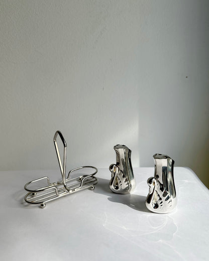 Vintage 1970s Silver Plated Swan Salt & Pepper Set with Caddy