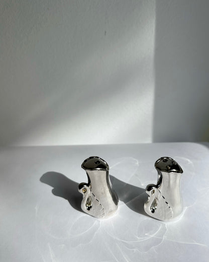 Vintage 1970s Silver Plated Swan Salt & Pepper Set with Caddy