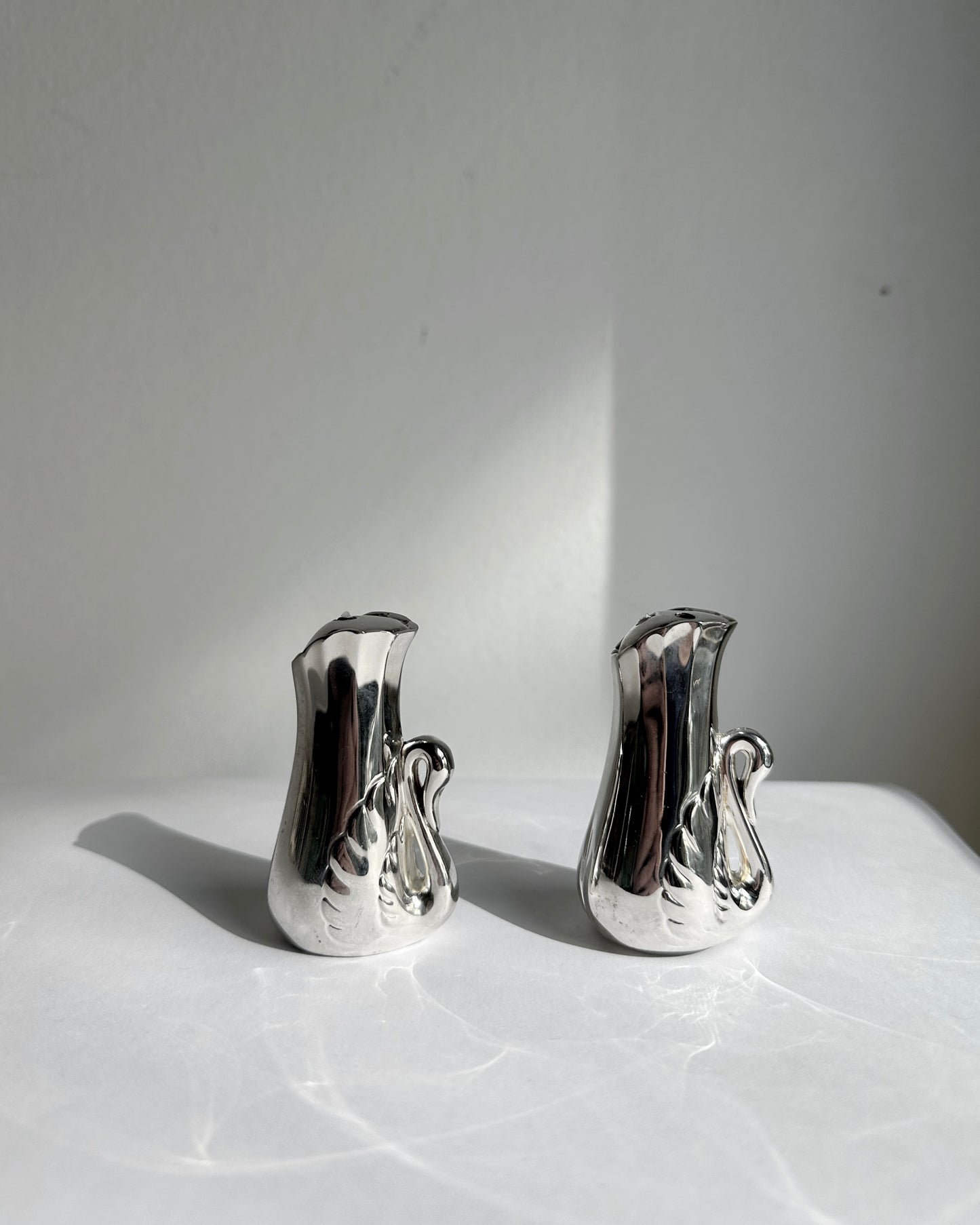 Vintage 1970s Silver Plated Swan Salt & Pepper Set with Caddy