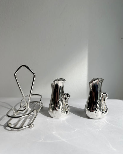 Vintage 1970s Silver Plated Swan Salt & Pepper Set with Caddy
