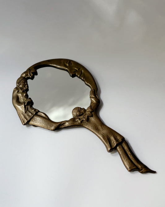 Vintage Mid Century Brass Pierrot Clown & Moon Hand Mirror