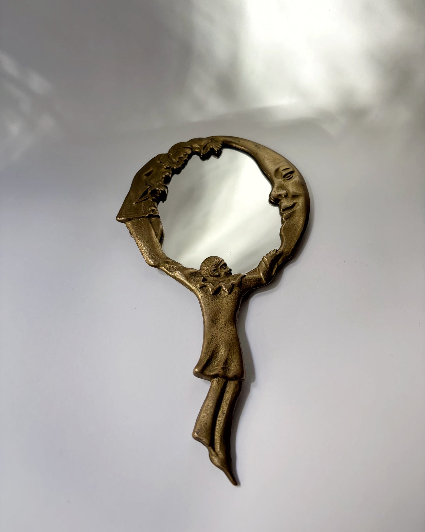 Vintage Mid Century Brass Pierrot Clown & Moon Hand Mirror