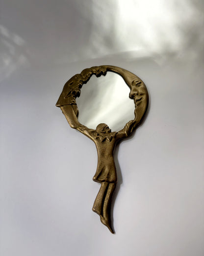 Vintage Mid Century Brass Pierrot Clown & Moon Hand Mirror