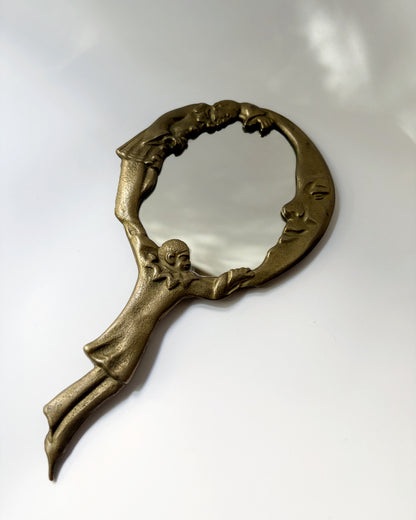 Vintage Mid Century Brass Pierrot Clown & Moon Hand Mirror