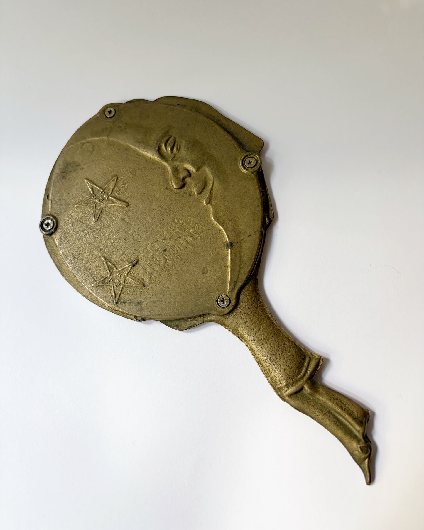 Vintage Mid Century Brass Pierrot Clown & Moon Hand Mirror