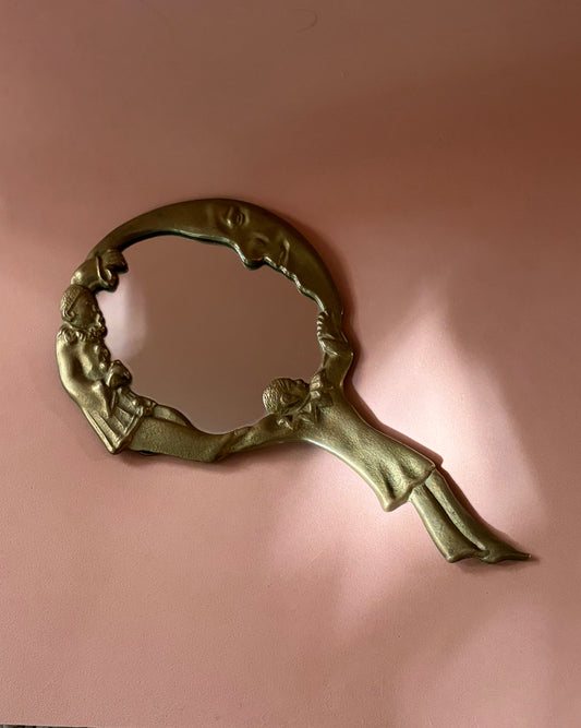 Vintage Mid Century Brass Pierrot Clown & Moon Hand Mirror