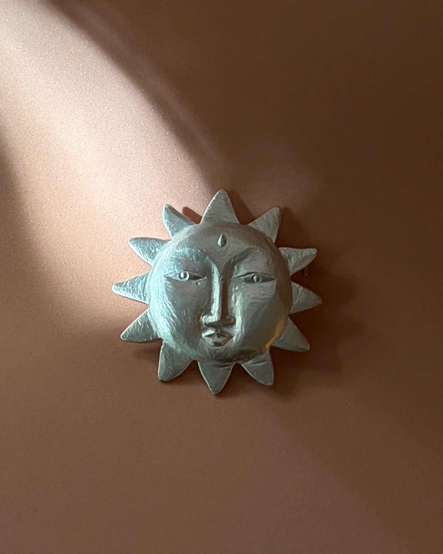 Vintage Silver Tone Sun Face Brooch
