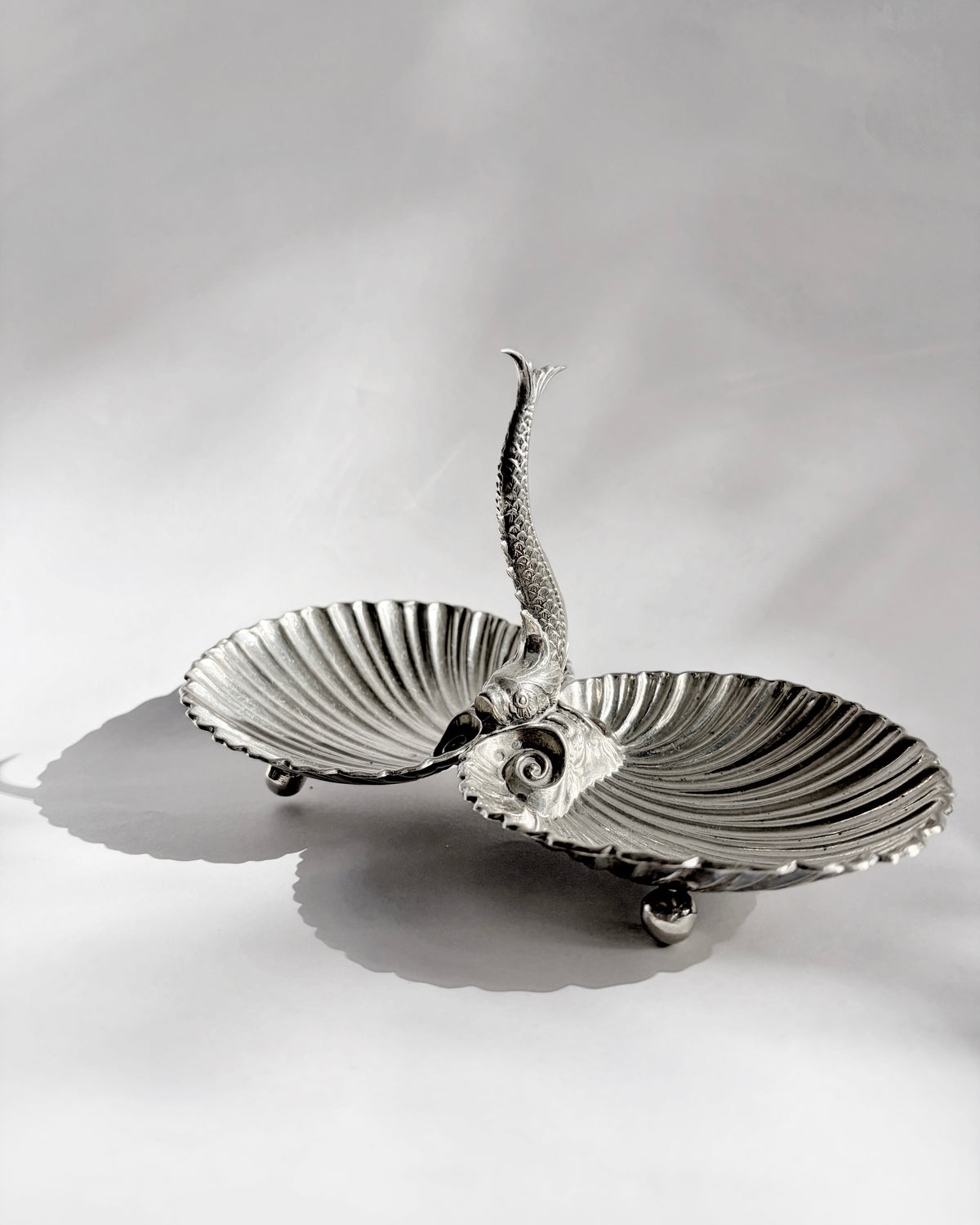 Vintage Double Scallop Shell Dish with Fish Handle