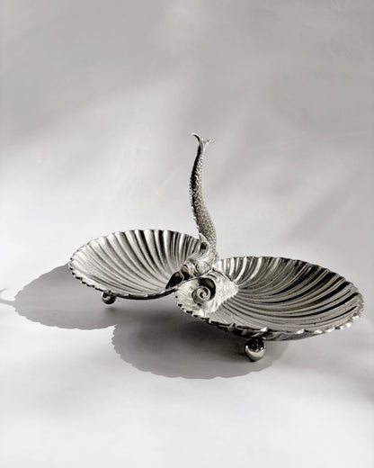 Vintage Double Scallop Shell Dish with Fish Handle