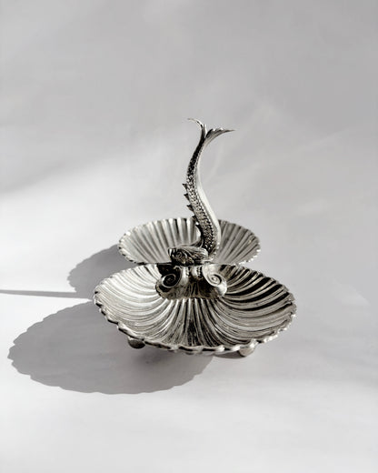 Vintage Double Scallop Shell Dish with Fish Handle
