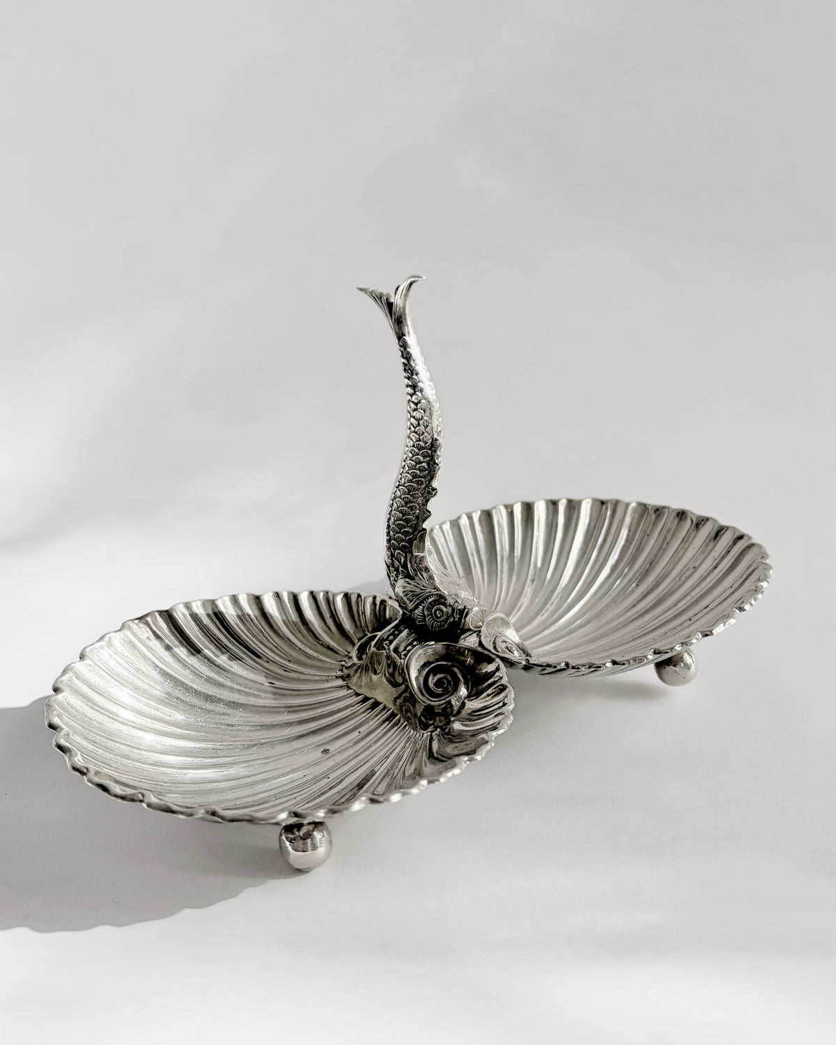 Vintage Double Scallop Shell Dish with Fish Handle
