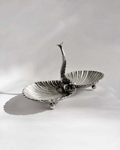 Vintage Double Scallop Shell Dish with Fish Handle