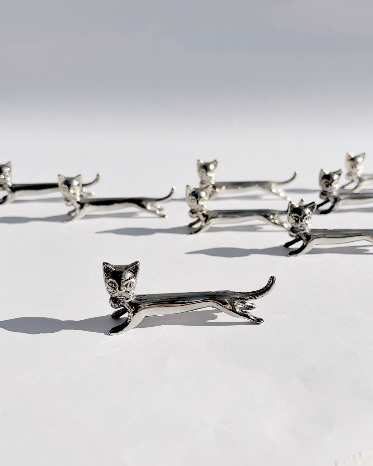 Vintage Mid-Century Silver-Plated Cat Knife Rests – Set of 10