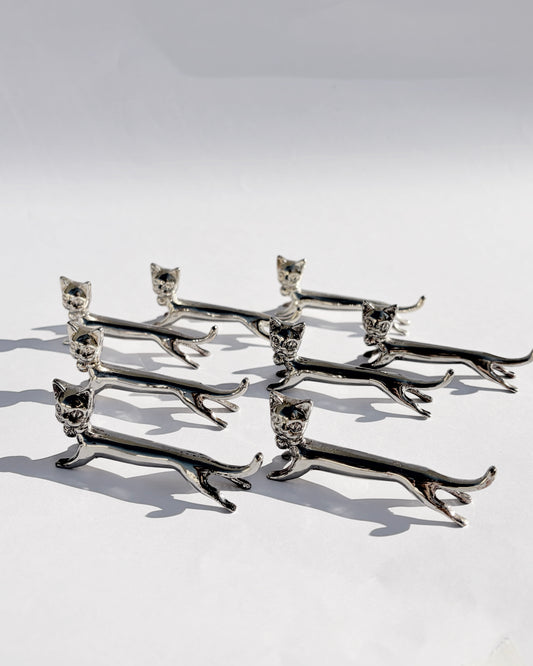 Vintage Mid-Century Silver-Plated Cat Knife Rests – Set of 10