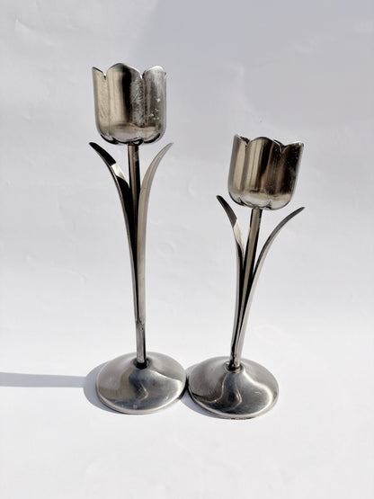Vintage 1970s Silver-Tone Tulip Candle Holders – Set of 2