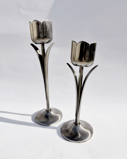 Vintage 1970s Silver-Tone Tulip Candle Holders – Set of 2