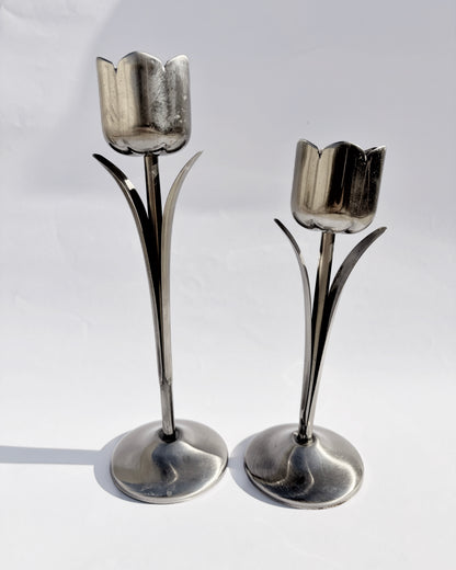 Vintage 1970s Silver-Tone Tulip Candle Holders – Set of 2