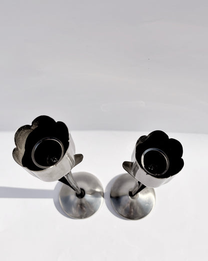Vintage 1970s Silver-Tone Tulip Candle Holders – Set of 2