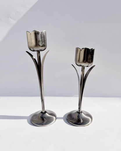 Vintage 1970s Silver-Tone Tulip Candle Holders – Set of 2